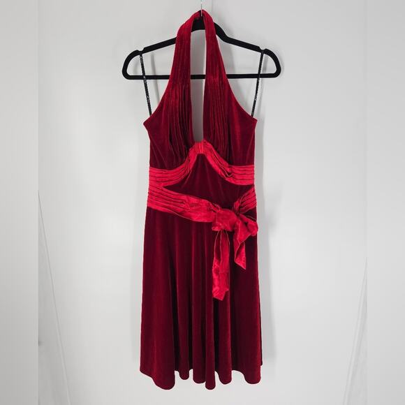 Tadashi Shoji Red Velvet V Neck Halter Midi Dress M - Picture 1 of 9